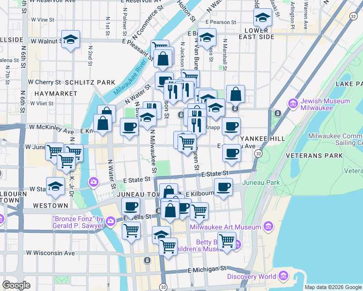map of restaurants, bars, coffee shops, grocery stores, and more near East Juneau Avenue in Milwaukee