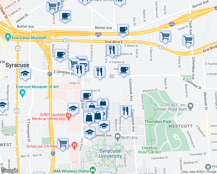 map of restaurants, bars, coffee shops, grocery stores, and more near 413 University Avenue in Syracuse