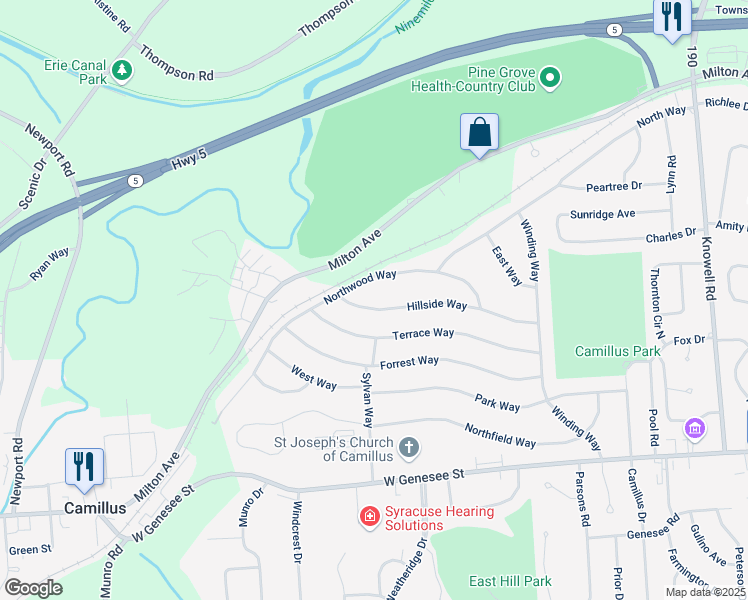 map of restaurants, bars, coffee shops, grocery stores, and more near 111 Hillside Way in Camillus