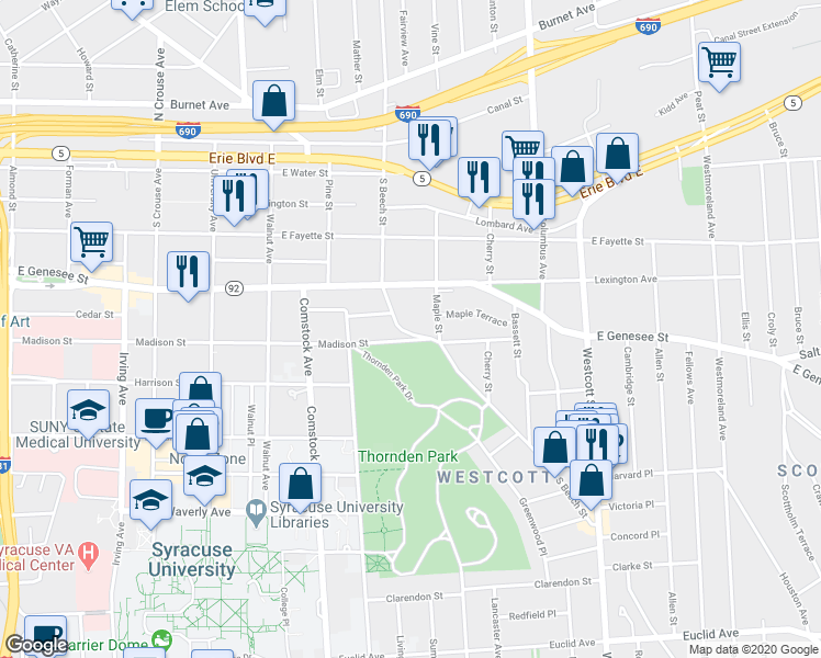 map of restaurants, bars, coffee shops, grocery stores, and more near 451 South Beech Street in Syracuse