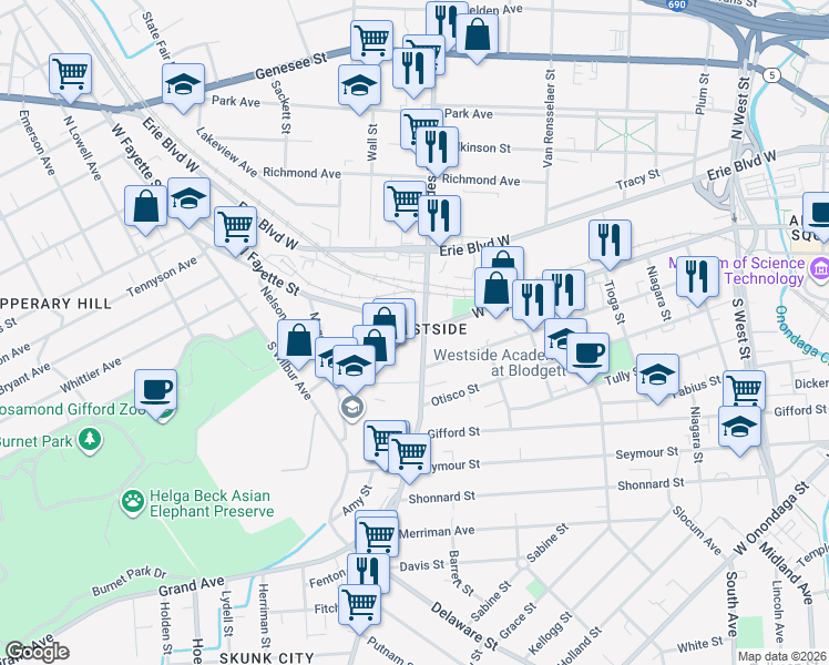 map of restaurants, bars, coffee shops, grocery stores, and more near 212 South Geddes Street in Syracuse