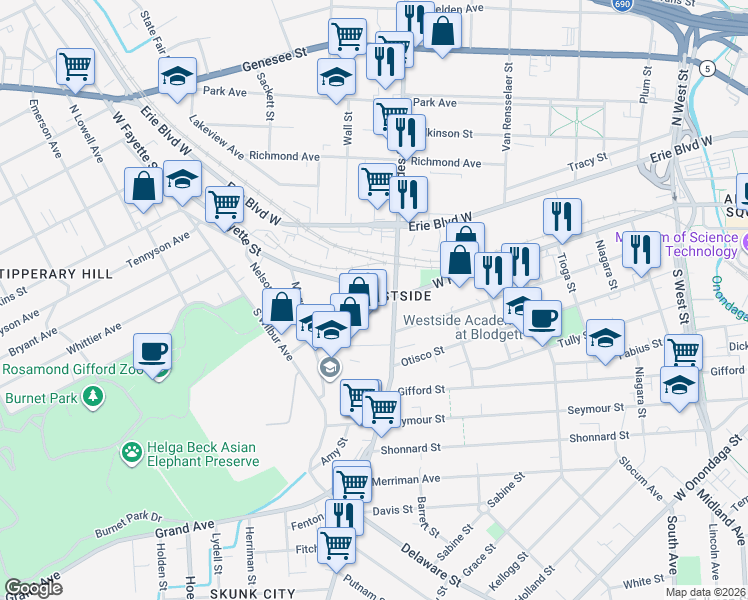 map of restaurants, bars, coffee shops, grocery stores, and more near 212 South Geddes Street in Syracuse