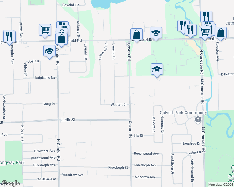 map of restaurants, bars, coffee shops, grocery stores, and more near 2466 Lanning Drive in Burton
