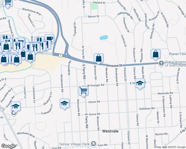 map of restaurants, bars, coffee shops, grocery stores, and more near 116 Bronson Road in Syracuse