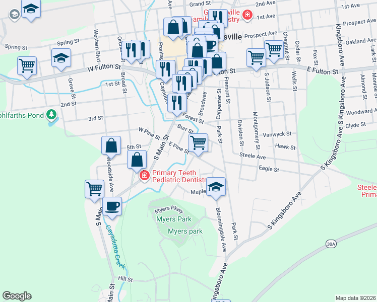 map of restaurants, bars, coffee shops, grocery stores, and more near 31 East Pine Street in Gloversville