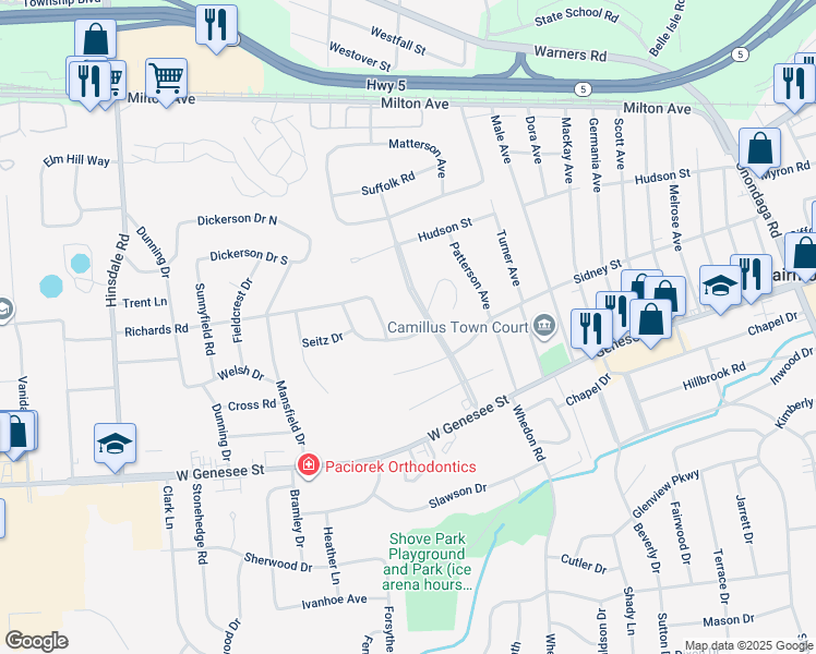 map of restaurants, bars, coffee shops, grocery stores, and more near 104 Mansfield Rd in Camillus