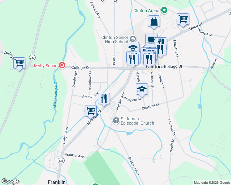 map of restaurants, bars, coffee shops, grocery stores, and more near 14 Meadow Street in Clinton