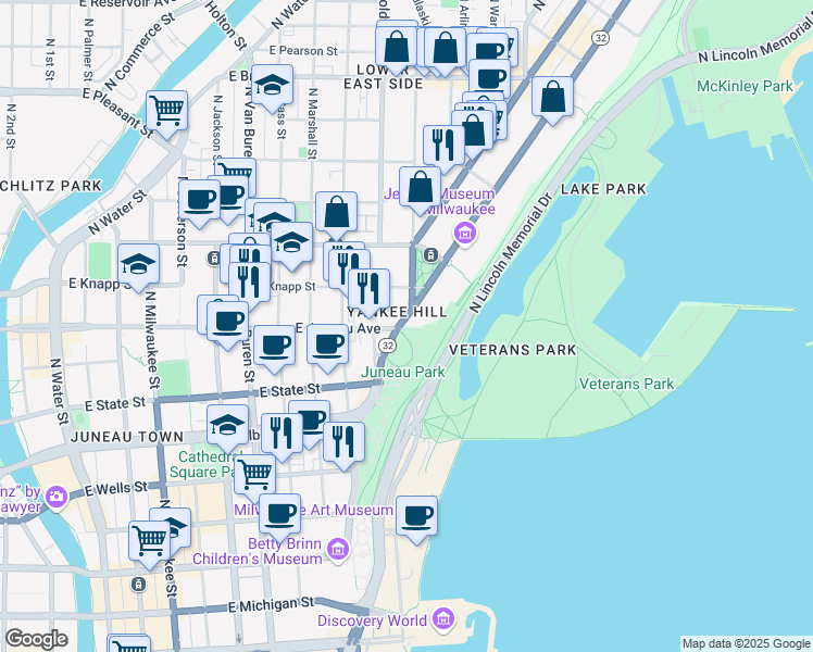 map of restaurants, bars, coffee shops, grocery stores, and more near 1234 East Juneau Avenue in Milwaukee