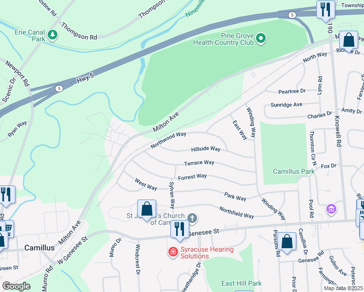map of restaurants, bars, coffee shops, grocery stores, and more near 111 Hillside Way in Camillus