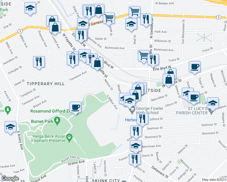 map of restaurants, bars, coffee shops, grocery stores, and more near 140 Nelson Street in Syracuse