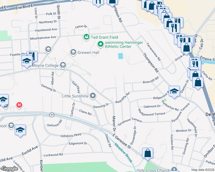 map of restaurants, bars, coffee shops, grocery stores, and more near 110 Sherbrooke Road in Syracuse