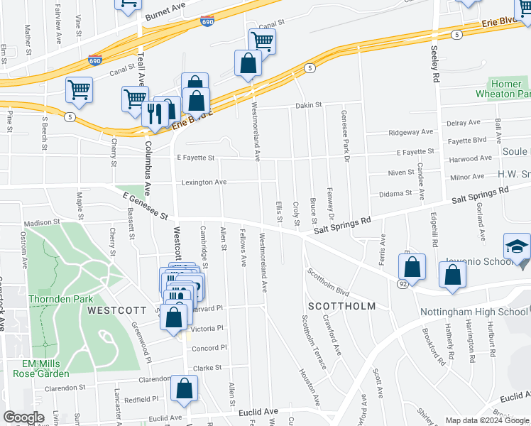 map of restaurants, bars, coffee shops, grocery stores, and more near 2401 Westmoreland Avenue in Syracuse