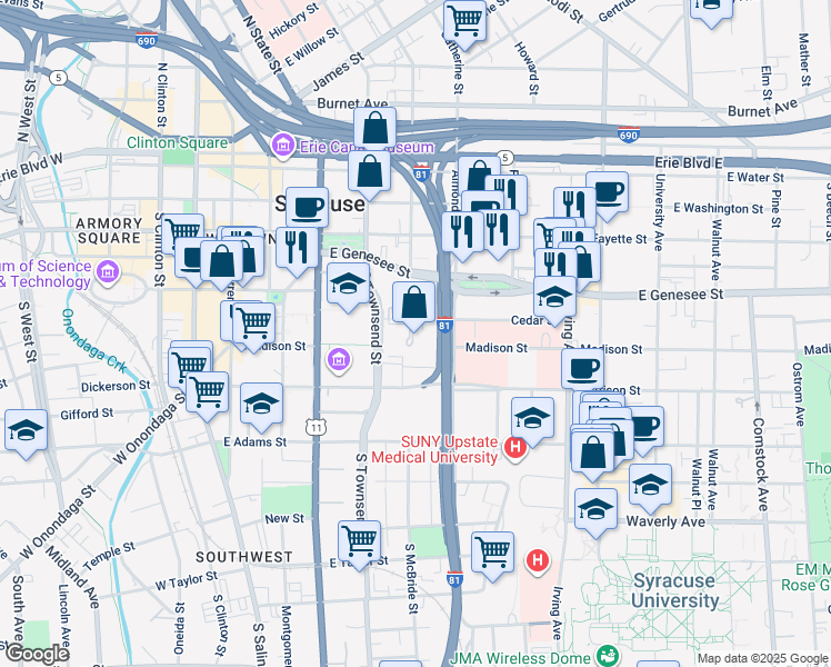 map of restaurants, bars, coffee shops, grocery stores, and more near 417 Almond Street in Syracuse