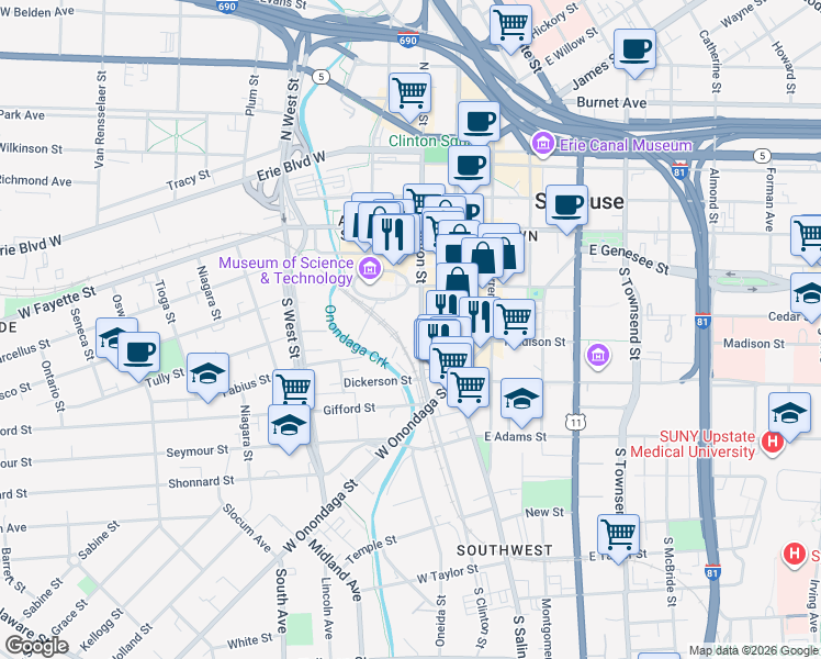 map of restaurants, bars, coffee shops, grocery stores, and more near in Syracuse