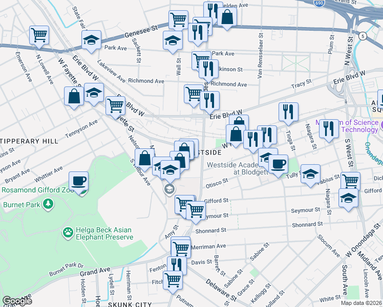 map of restaurants, bars, coffee shops, grocery stores, and more near 212 South Geddes Street in Syracuse