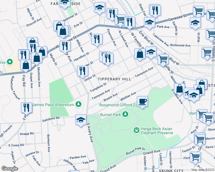 map of restaurants, bars, coffee shops, grocery stores, and more near 434 Tennyson Avenue in Syracuse