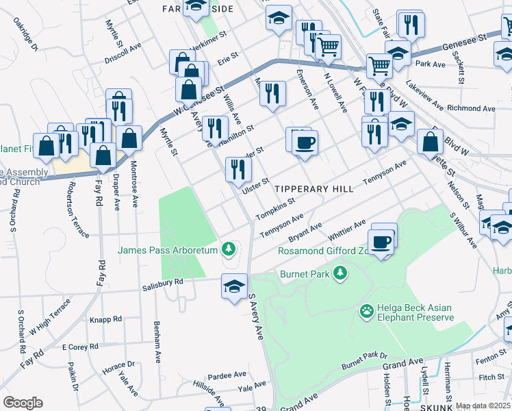 map of restaurants, bars, coffee shops, grocery stores, and more near 117 Cody Avenue in Syracuse