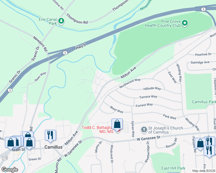 map of restaurants, bars, coffee shops, grocery stores, and more near 110 Shinnecock Lane in Camillus