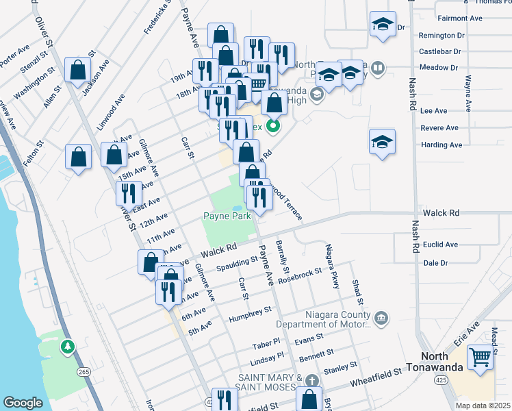 map of restaurants, bars, coffee shops, grocery stores, and more near 830 Payne Avenue in North Tonawanda