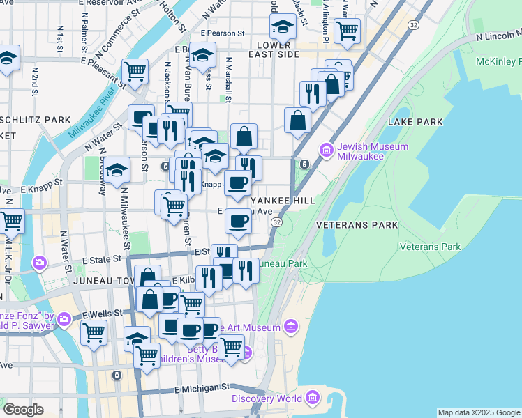 map of restaurants, bars, coffee shops, grocery stores, and more near 1121 North Waverly Place in Milwaukee