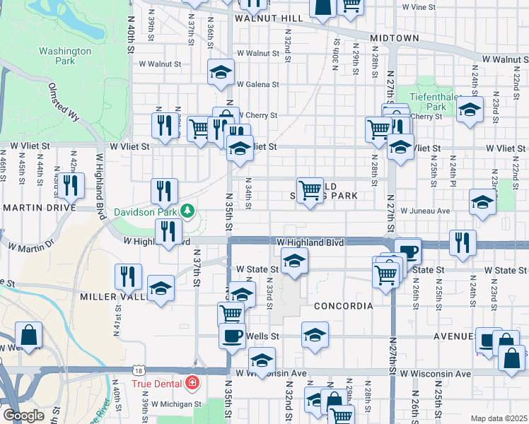 map of restaurants, bars, coffee shops, grocery stores, and more near 1141 North 33rd Street in Milwaukee