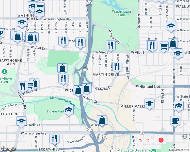 map of restaurants, bars, coffee shops, grocery stores, and more near 1155 North 45th Street in Milwaukee