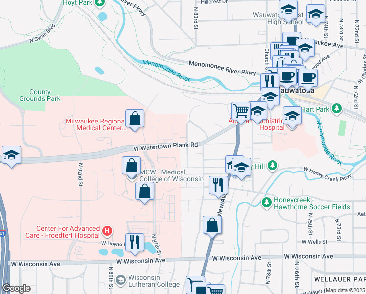 map of restaurants, bars, coffee shops, grocery stores, and more near 1167 Elm Lawn Street in Wauwatosa