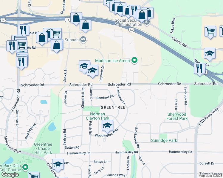 map of restaurants, bars, coffee shops, grocery stores, and more near 907 Valley Stream Drive in Madison