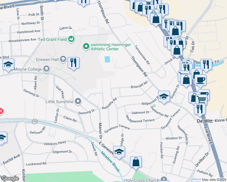 map of restaurants, bars, coffee shops, grocery stores, and more near 305 Radcliffe Road in Syracuse