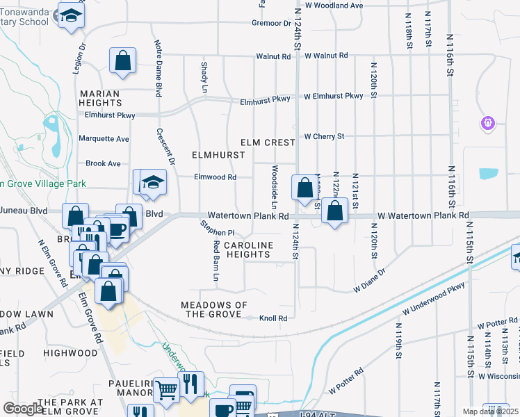 map of restaurants, bars, coffee shops, grocery stores, and more near 1200 Longwood Avenue in Elm Grove