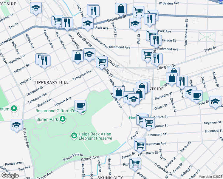 map of restaurants, bars, coffee shops, grocery stores, and more near 509 South Wilbur Avenue in Syracuse
