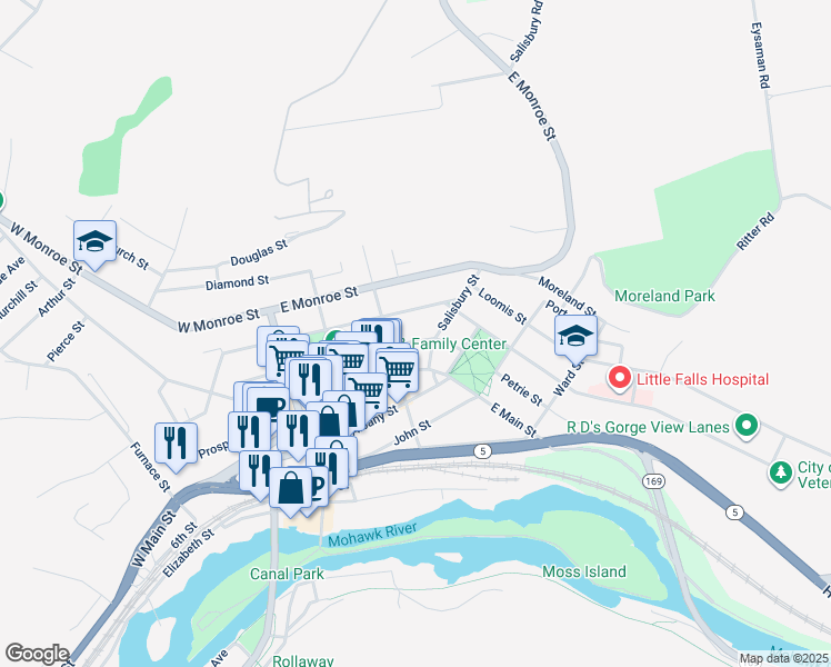 map of restaurants, bars, coffee shops, grocery stores, and more near 594 Garden Street in Little Falls