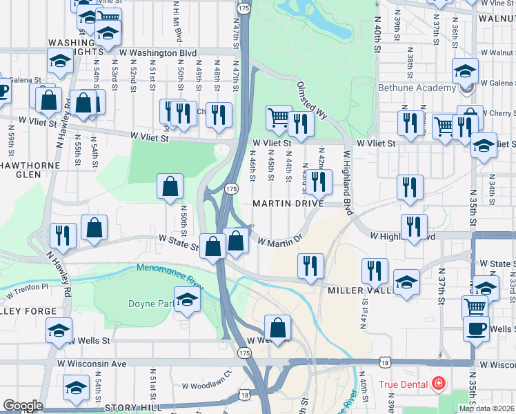 map of restaurants, bars, coffee shops, grocery stores, and more near 1168 North 46th Street in Milwaukee