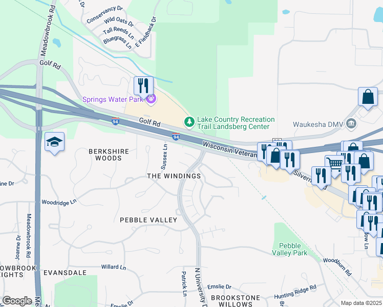 map of restaurants, bars, coffee shops, grocery stores, and more near 2708 Welsh Court in Waukesha