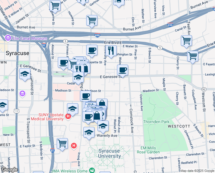map of restaurants, bars, coffee shops, grocery stores, and more near 411 University Avenue in Syracuse