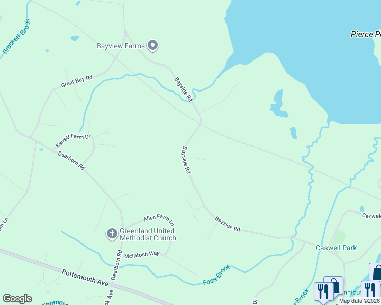 map of restaurants, bars, coffee shops, grocery stores, and more near 352 Bayside Road in Greenland