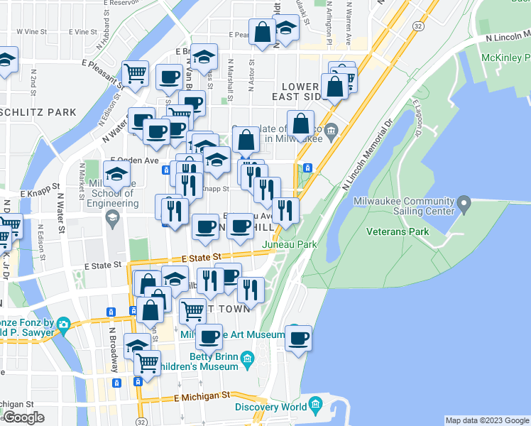 map of restaurants, bars, coffee shops, grocery stores, and more near 1121 North Waverly Place in Milwaukee