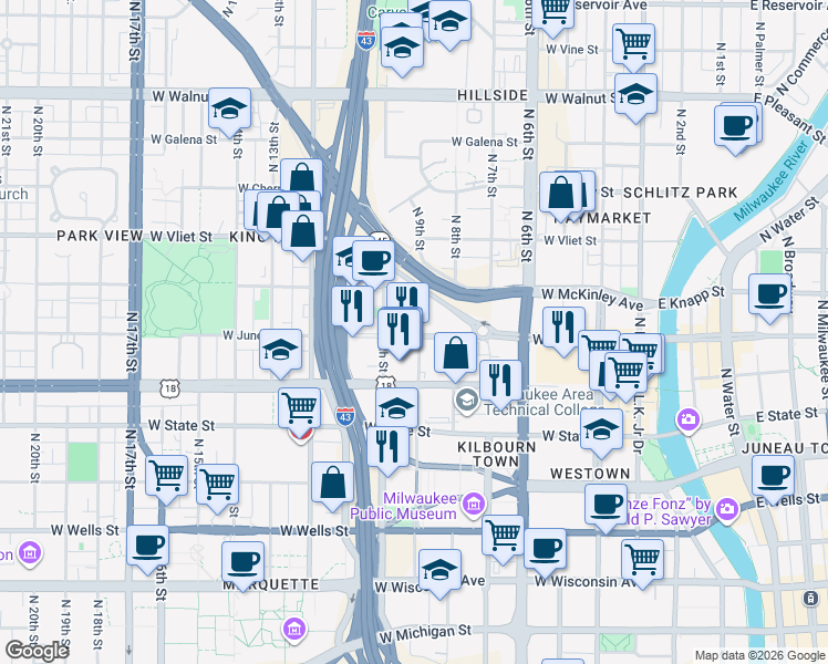 map of restaurants, bars, coffee shops, grocery stores, and more near 902 West Juneau Avenue in Milwaukee