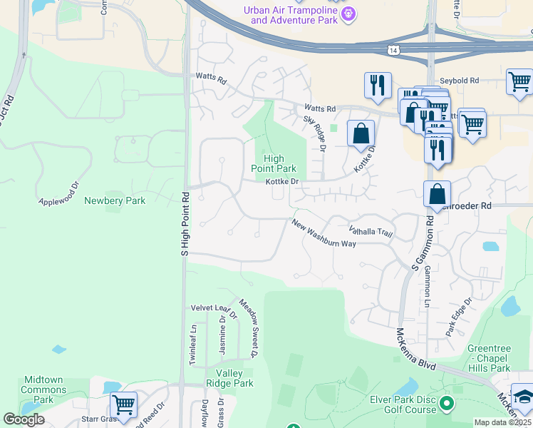 map of restaurants, bars, coffee shops, grocery stores, and more near 7421 New Washburn Way in Madison