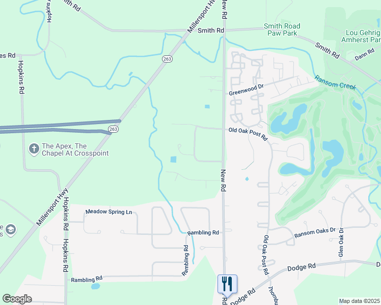 map of restaurants, bars, coffee shops, grocery stores, and more near 6 Gray Birch Court in East Amherst