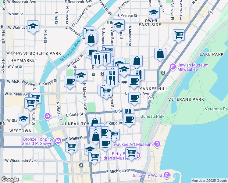 map of restaurants, bars, coffee shops, grocery stores, and more near 706 East Juneau Avenue in Milwaukee