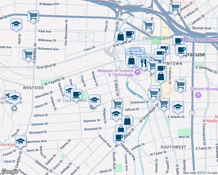 map of restaurants, bars, coffee shops, grocery stores, and more near Wyoming Street in Syracuse