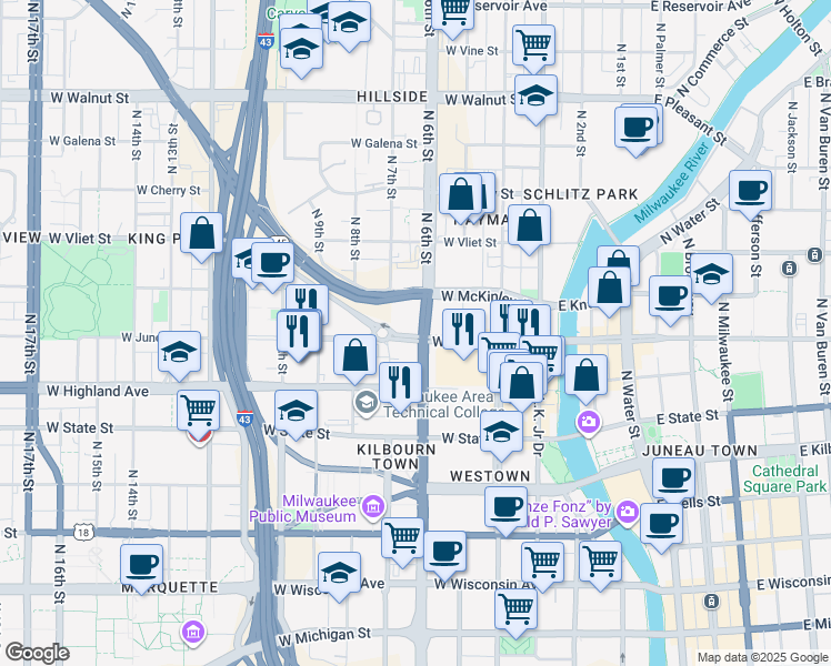 map of restaurants, bars, coffee shops, grocery stores, and more near 1201 North 6th Street in Milwaukee
