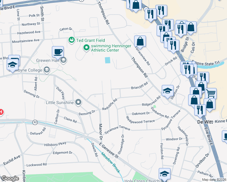 map of restaurants, bars, coffee shops, grocery stores, and more near 305 Radcliffe Road in Syracuse