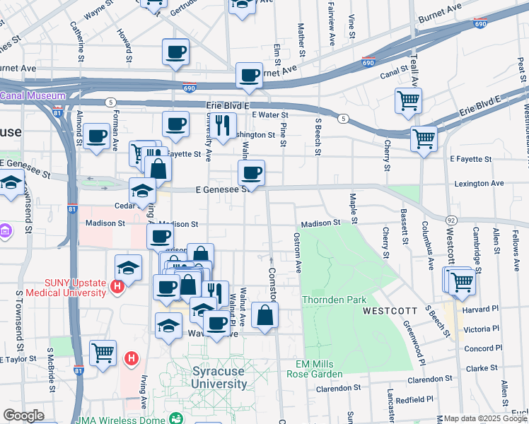 map of restaurants, bars, coffee shops, grocery stores, and more near 116 Comstock Avenue in Syracuse