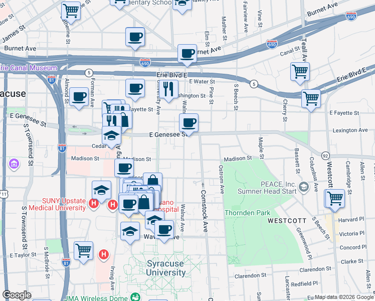 map of restaurants, bars, coffee shops, grocery stores, and more near 920 Madison Street in Syracuse
