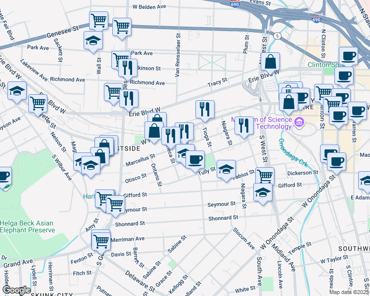 map of restaurants, bars, coffee shops, grocery stores, and more near 506 Otisco Street in Syracuse