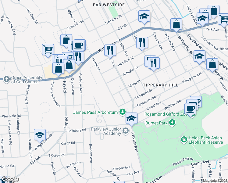 map of restaurants, bars, coffee shops, grocery stores, and more near 721 Ulster Street in Syracuse