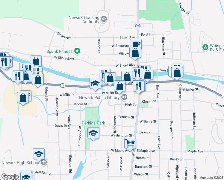 map of restaurants, bars, coffee shops, grocery stores, and more near 212 West Miller Street in Newark