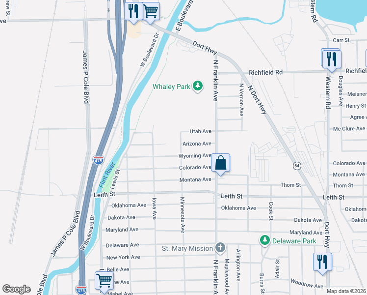 map of restaurants, bars, coffee shops, grocery stores, and more near 1703 Wyoming Avenue in Flint